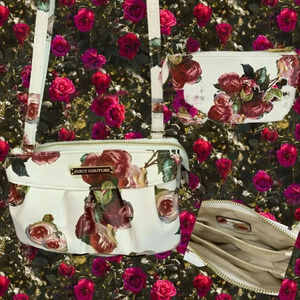 Juicy Couture White Rose Print Petite Pleated Front Top Zip Crossbody Handbag